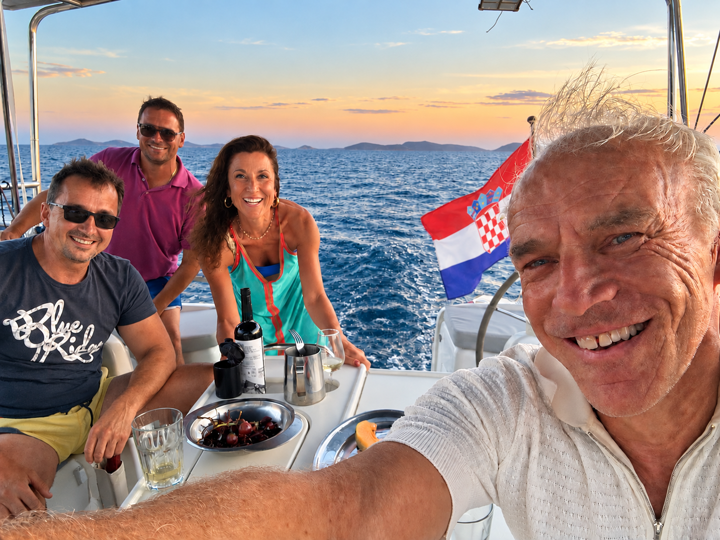Friends sailing together under the Croatian flag on the Adriatic