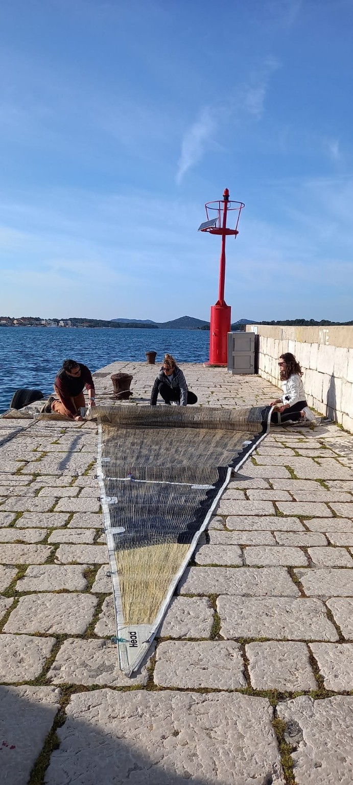 Sailing students preparing a sail beside the harbour light